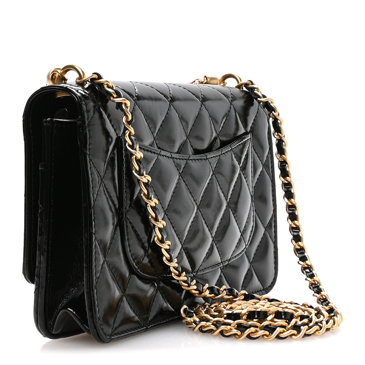 Shiny Crumpled Calfskin Quilted Precious Tie Wallet On Chain WOC Black