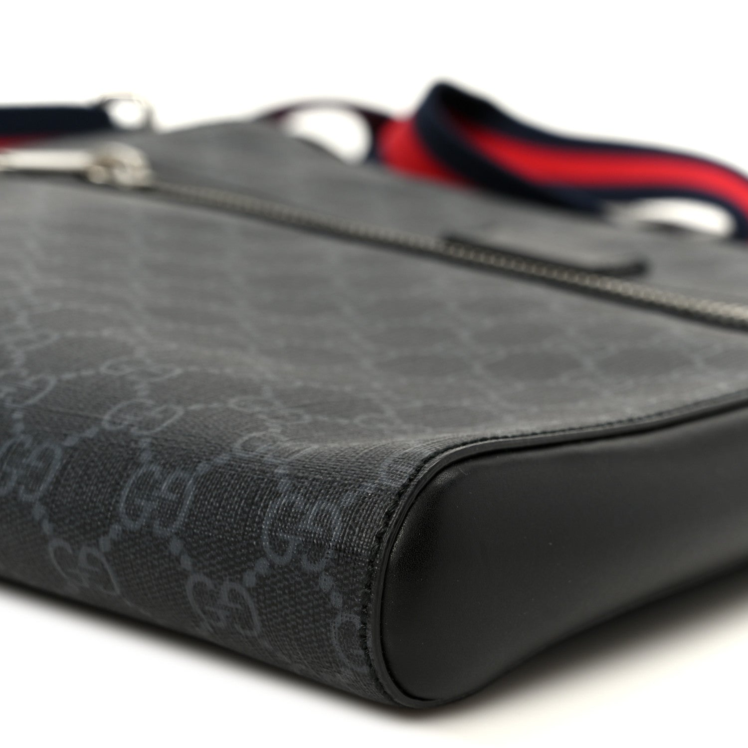 GG Supreme Monogram Appia Calfskin Web Flat Messenger Bag Black Grey Black Grey