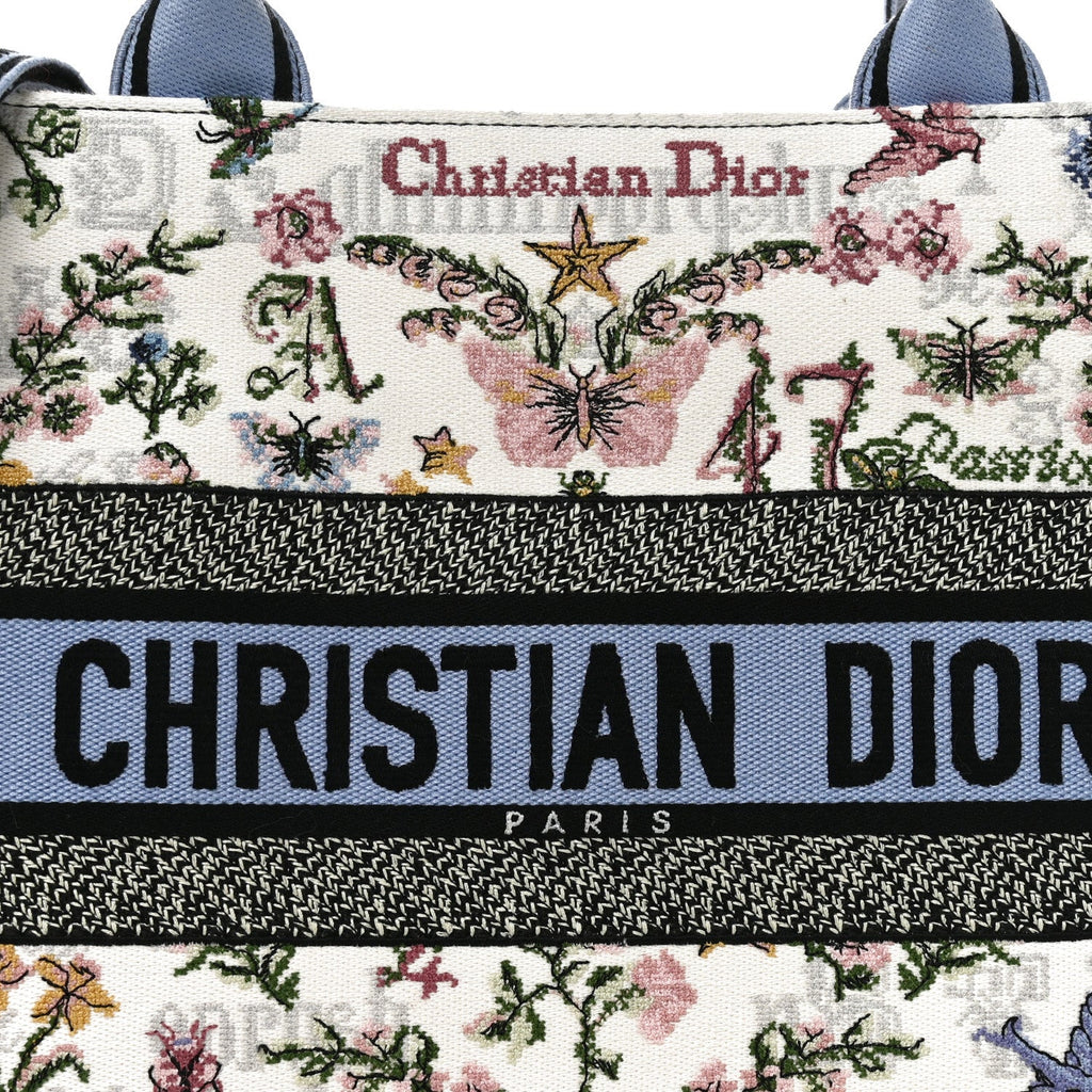 Calfskin Canvas Embroidered Medium Dioramour 47 Passion Book Tote With Strap White Multicolor