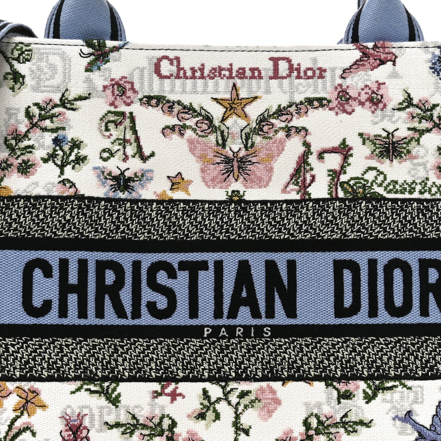 Calfskin Canvas Embroidered Medium Dioramour 47 Passion Book Tote With Strap White Multicolor