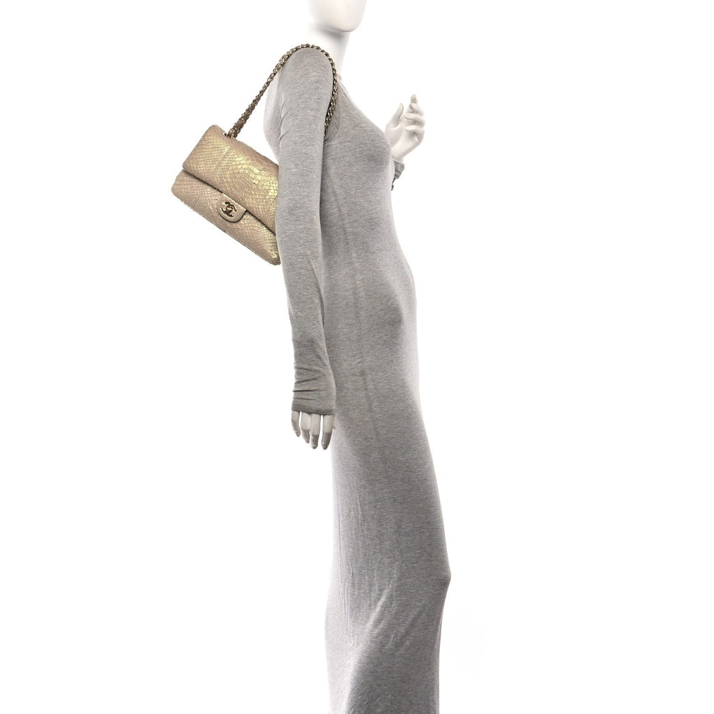 Metallic Snakeskin Medium Double Flap Light Beige