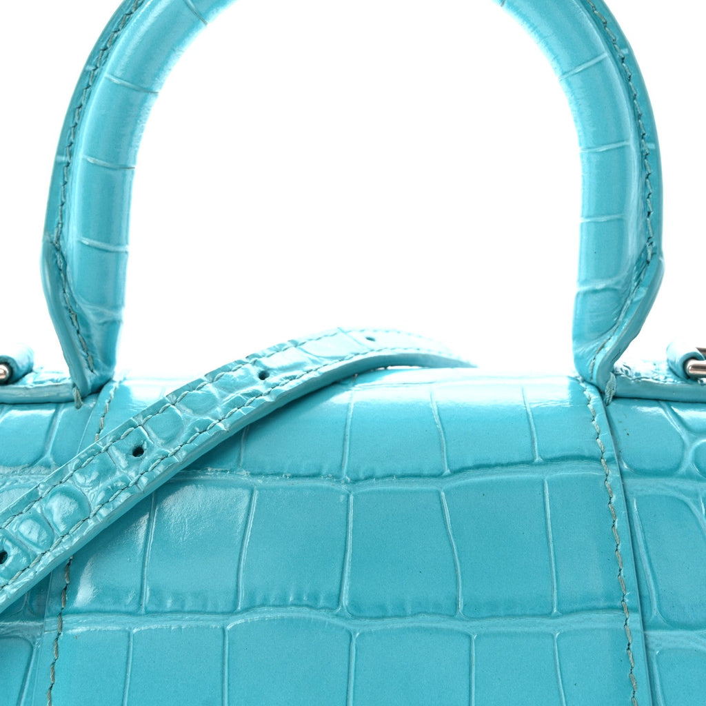 Shiny Calfskin Crocodile Embossed Hourglass Top Handle Bag XS Azur