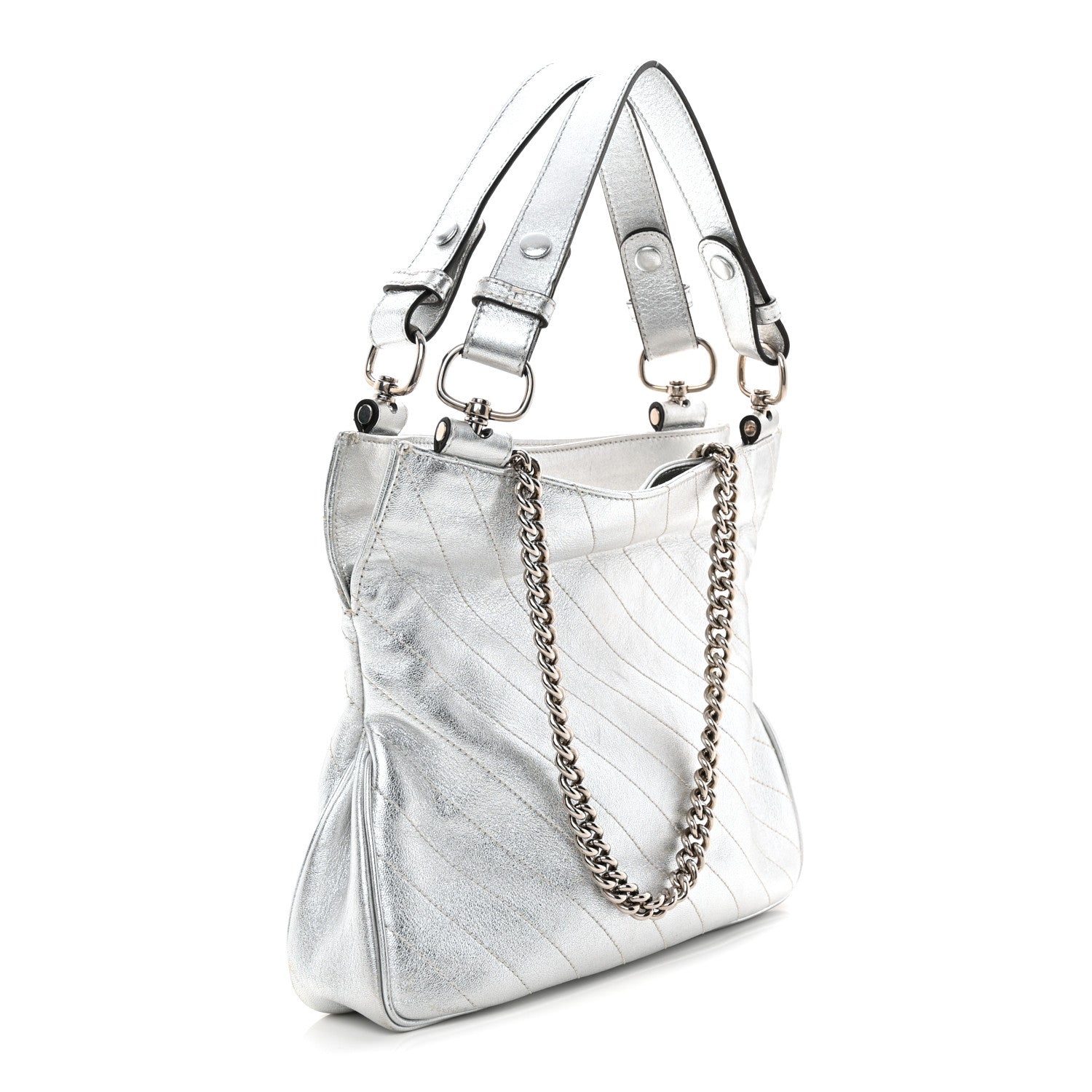 Sakai Be Green Calfskin Diagonal Stitched Small Blondie Tote Silver
