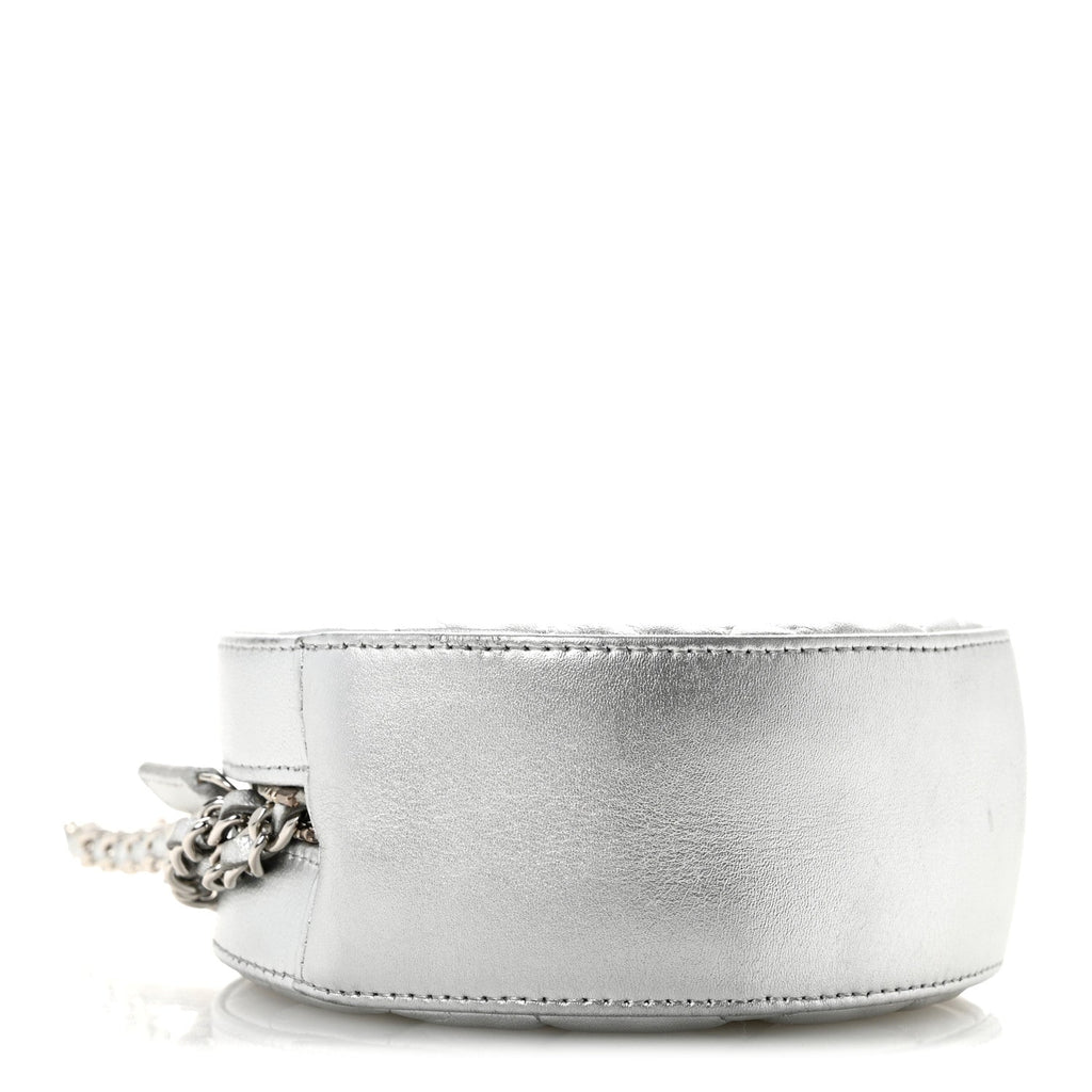 Metallic Calfskin Quilted Round Bracelet Clutch With Chain Silver