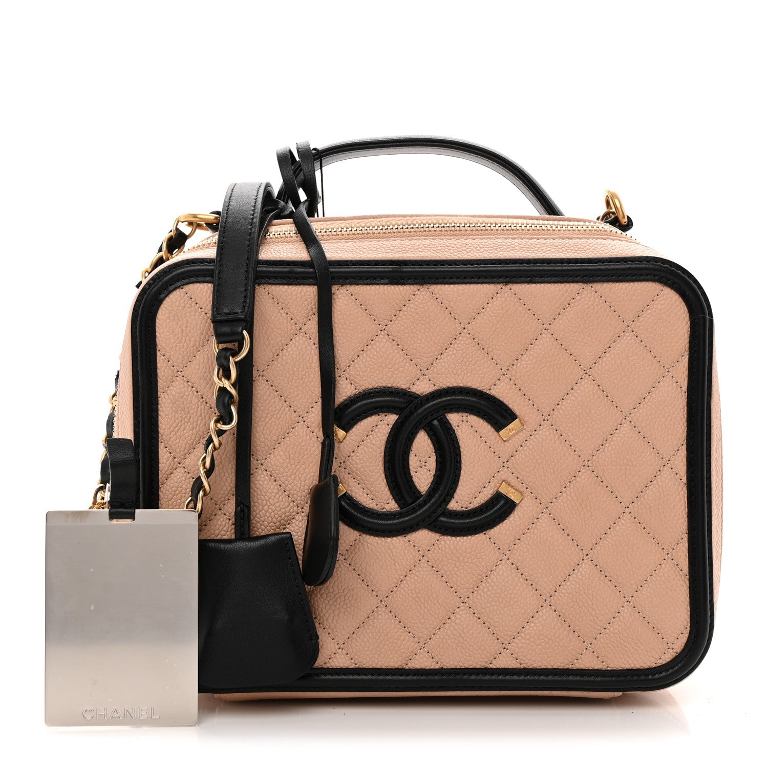 Caviar Quilted Large CC Filigree Vanity Case Beige Black