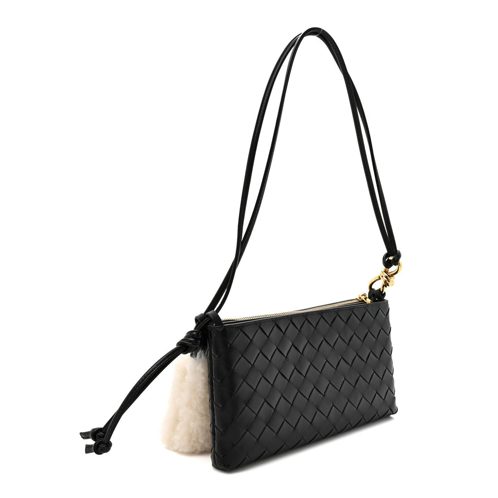 Nappa Intrecciato Shearling Andiamo Double Pouch Bag Black White