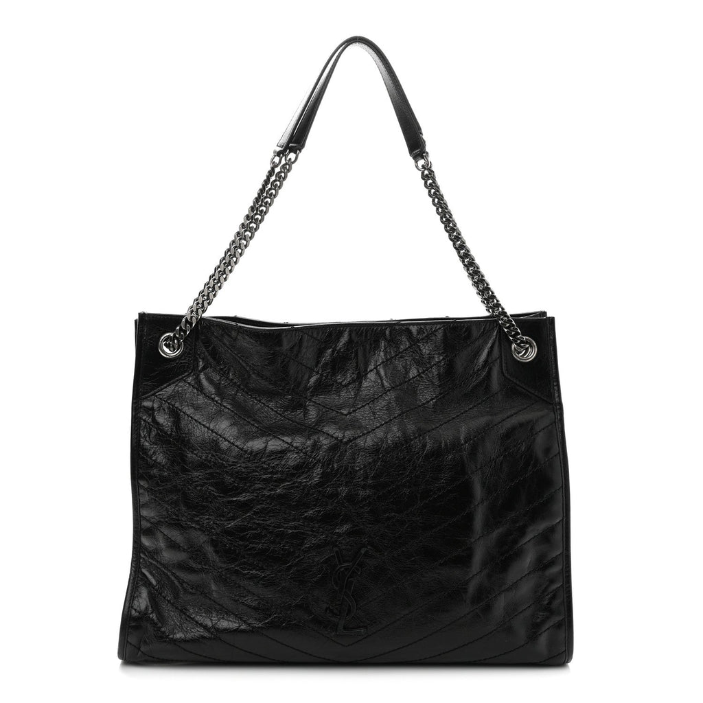 Crinkled Calfskin Matelasse Monogram Large Niki Shopper Tote Black