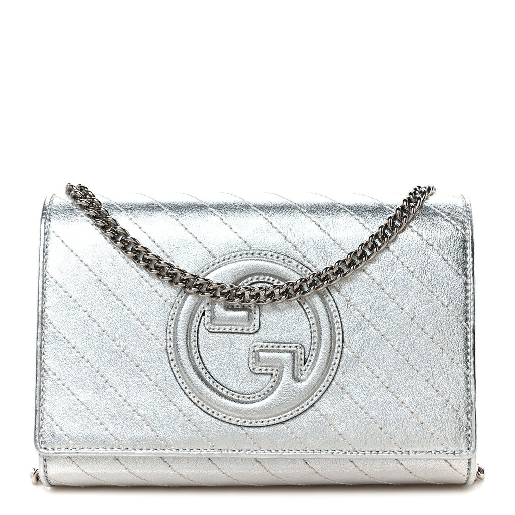 Metallic Sakai Be Green Calfskin Diagonal Stitched Blondie Wallet on Chain Silver