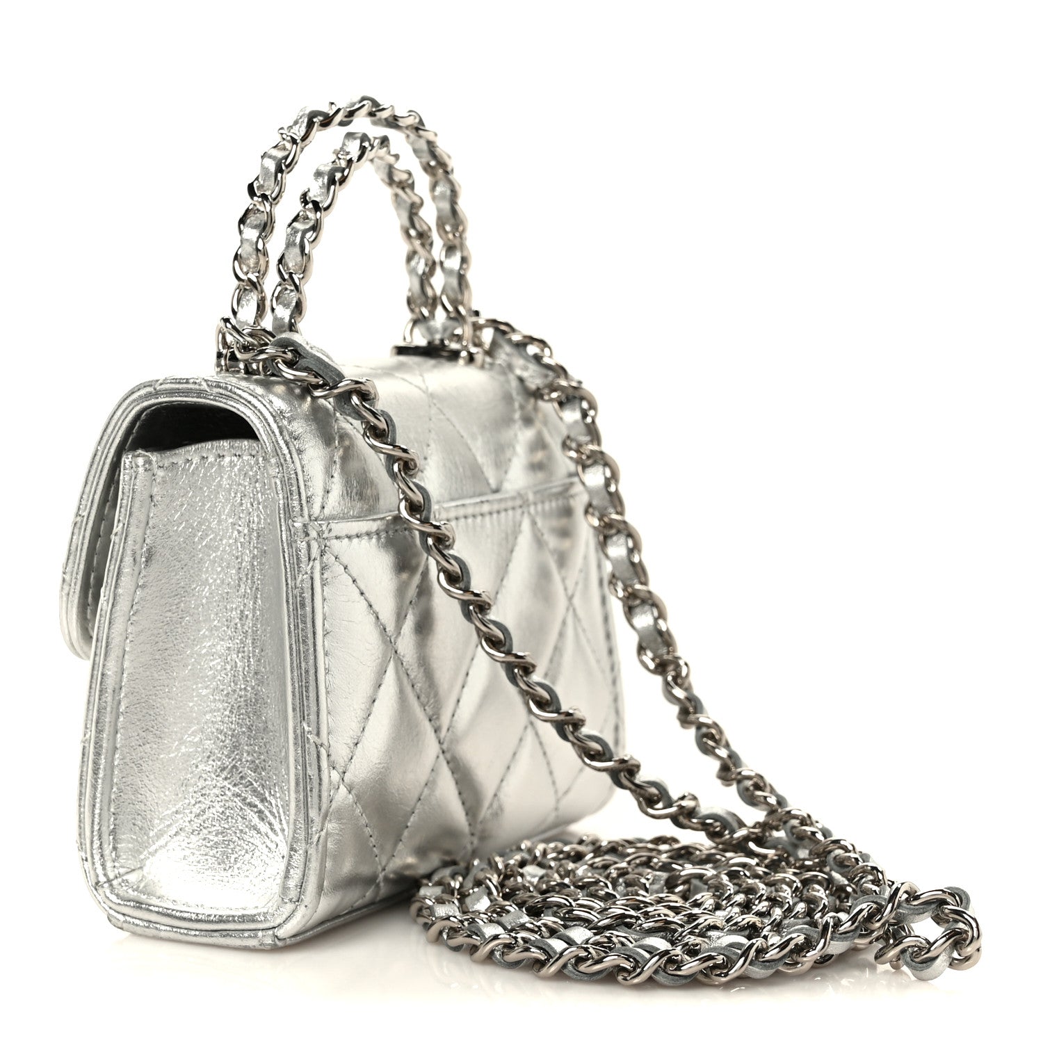 Metallic Lambskin Quilted Mini Chain CC Top Handle Clutch With Chain Silver