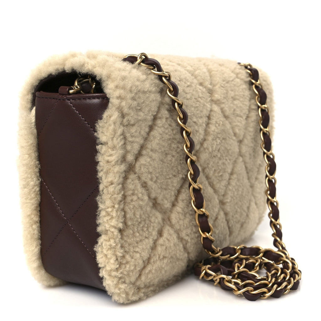 Shearling Lambskin Quilted Furry Coco Flap Beige Dark Brown
