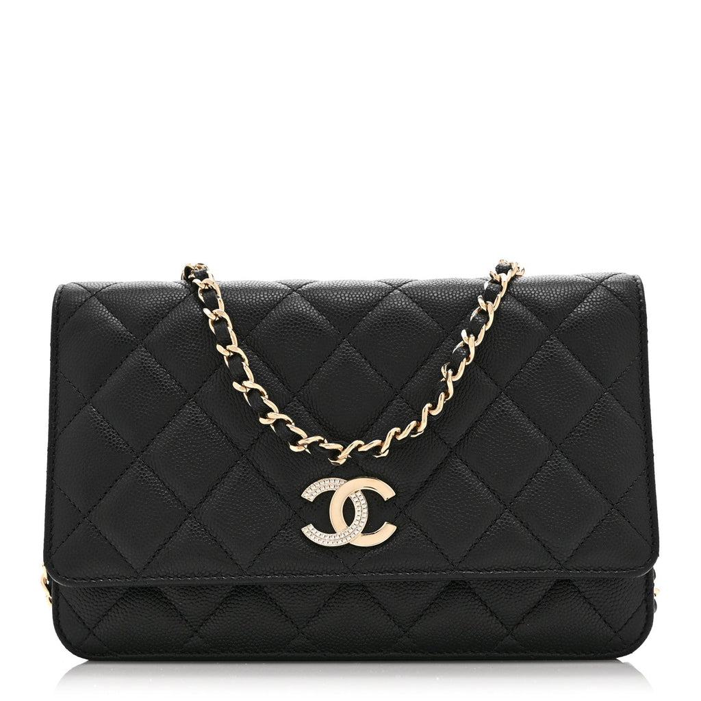 Caviar Quilted Crystal CC Wallet On Chain WOC Black