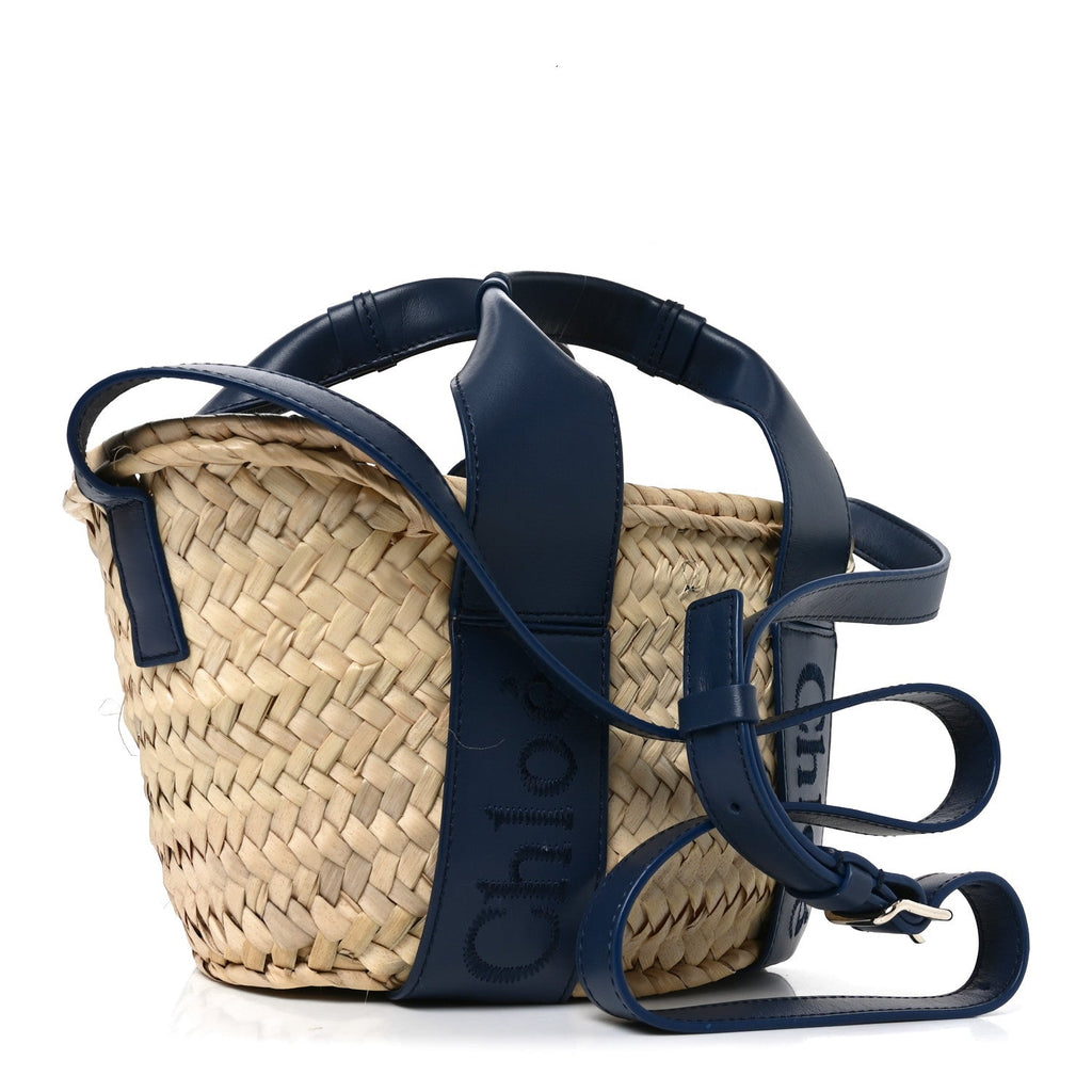 Raffia Smooth Calfskin Small Sense Basket Night Blue