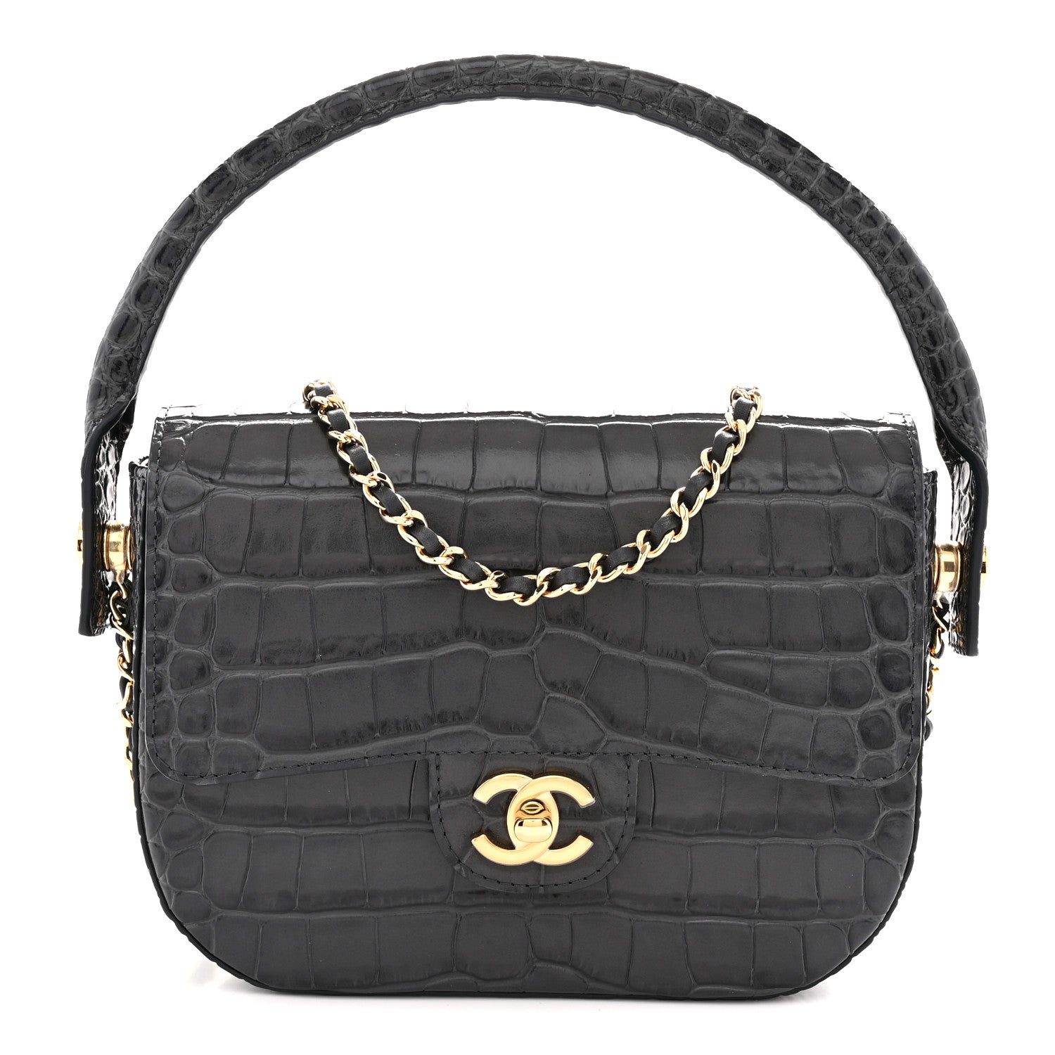 Calfskin Crocodile Embossed Turn Around Mini Flap Dark Grey