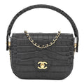 Calfskin Crocodile Embossed Turn Around Mini Flap Dark Grey Dark Grey
