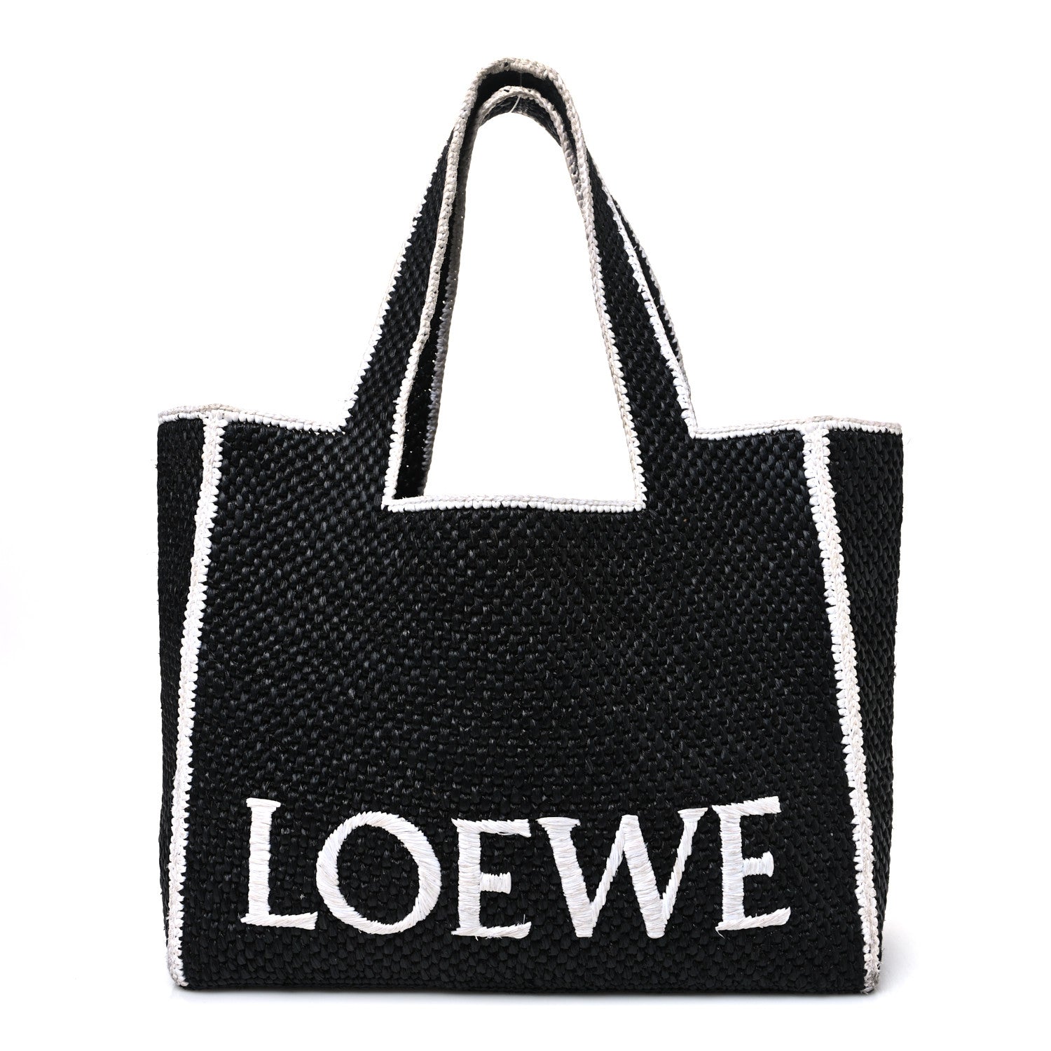Raffia Large Paula's Ibiza Logo Tote Black White