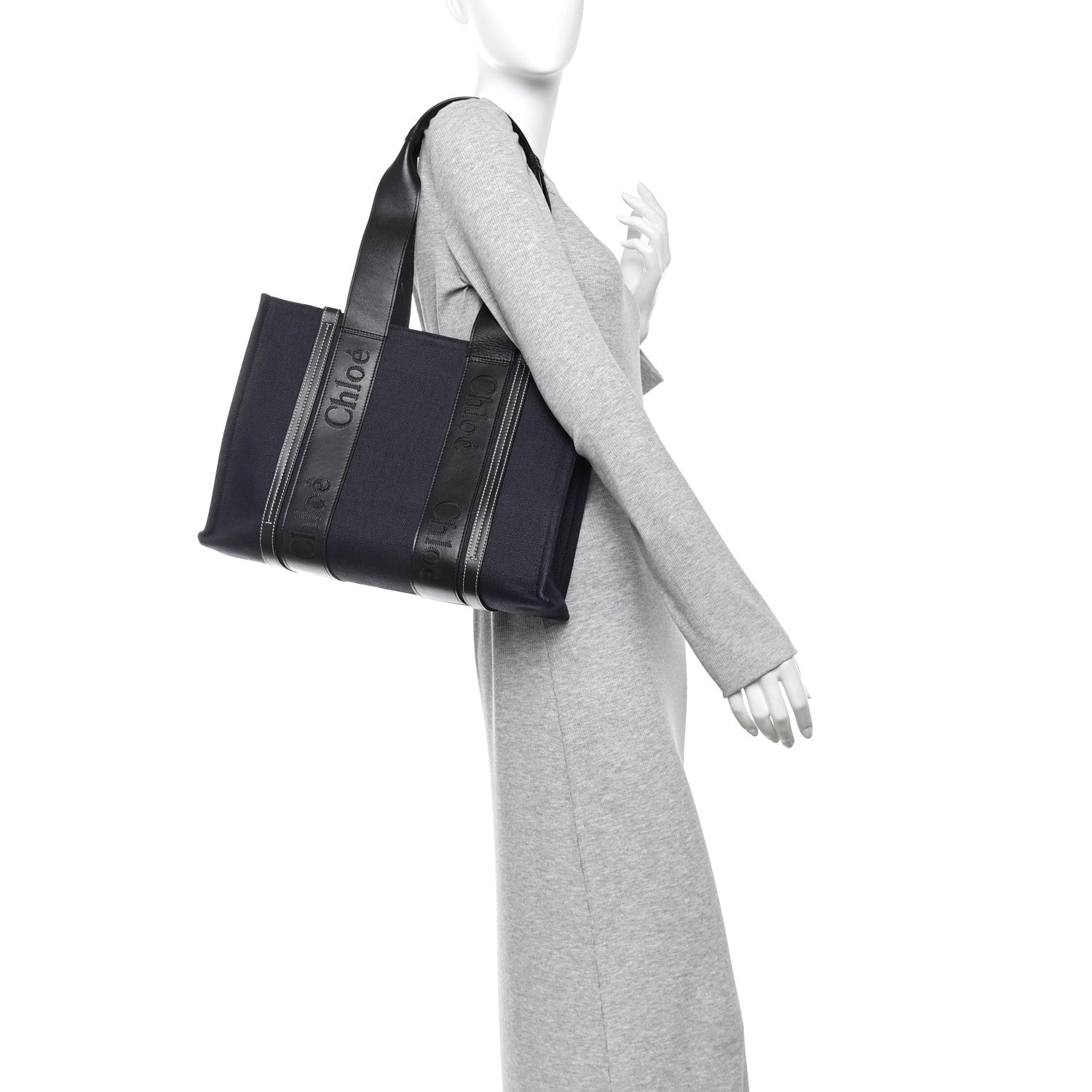 Cotton Shiny Calfskin Medium Woody Ribbon Tote Obscure Navy