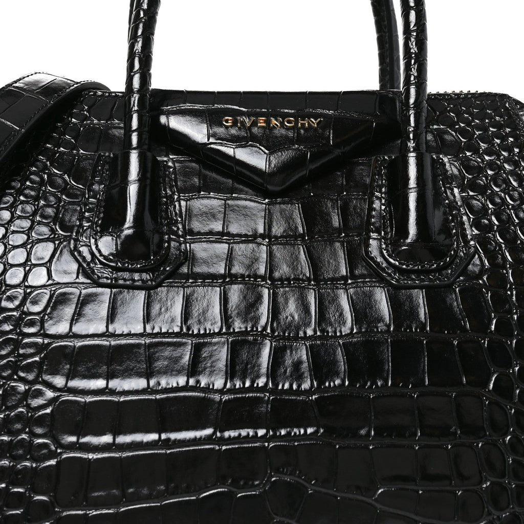 Calfskin Crocodile Embossed Small Antigona Black
