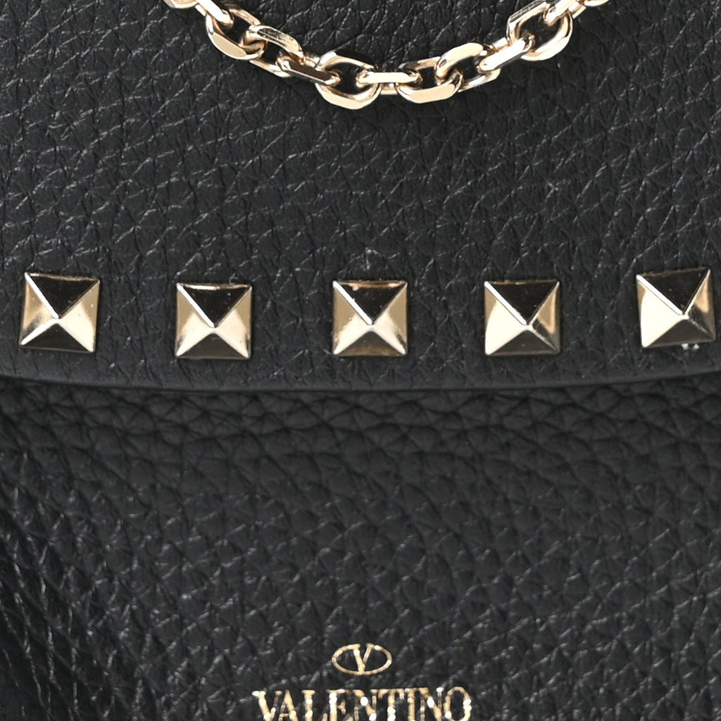 Pebbled Calfskin Rockstud Double Pocket Chain Crossbody Black