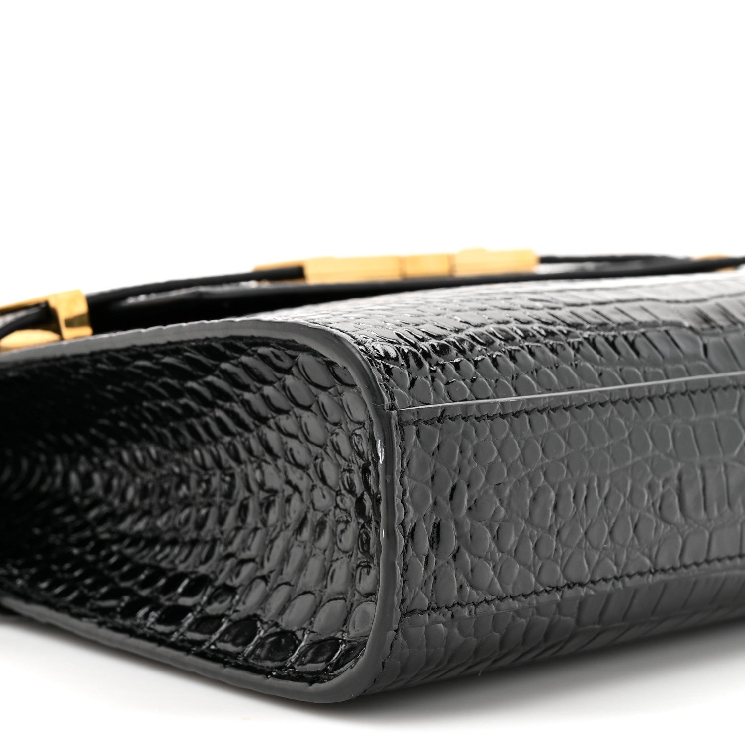 Shiny Calfskin Crocodile Embossed Small Manhattan Baguette Black