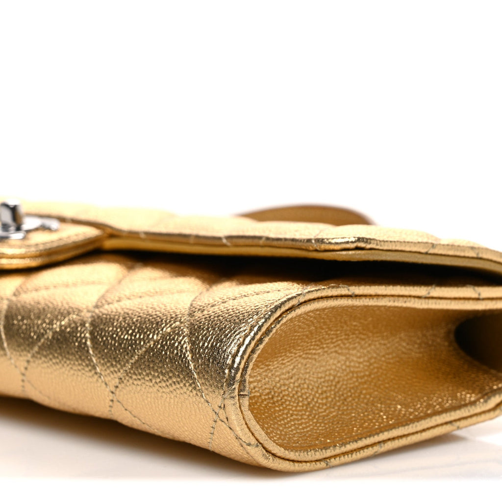 Metallic Caviar Quilted Top Handle Long Clutch With Chain Gold