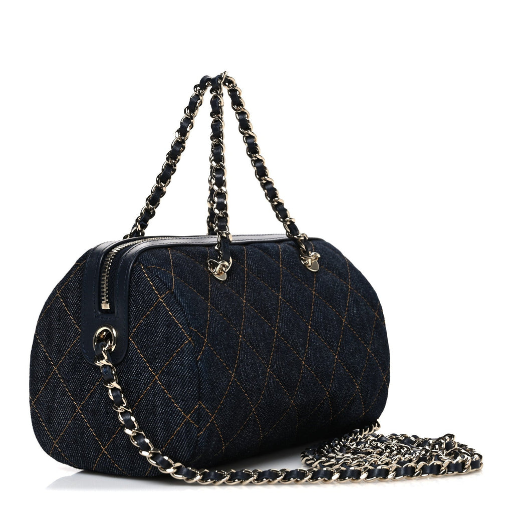 Denim Quilted Barrel Clutch With Chain Dark Blue Orange