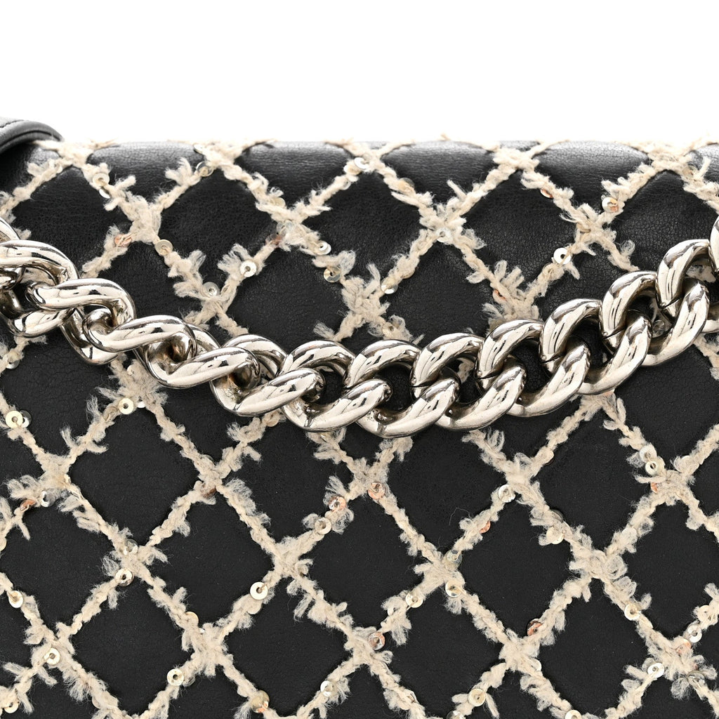 Calfskin Tweed Sequin Stitched Medium Boy Flap Black White