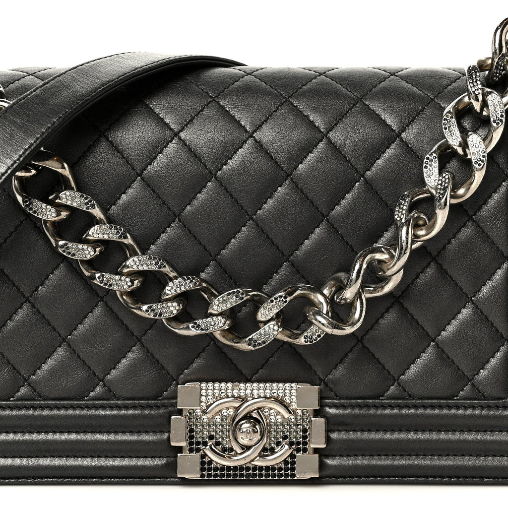 Metallic Lambskin Quilted Crystal Medium Boy Flap Grey