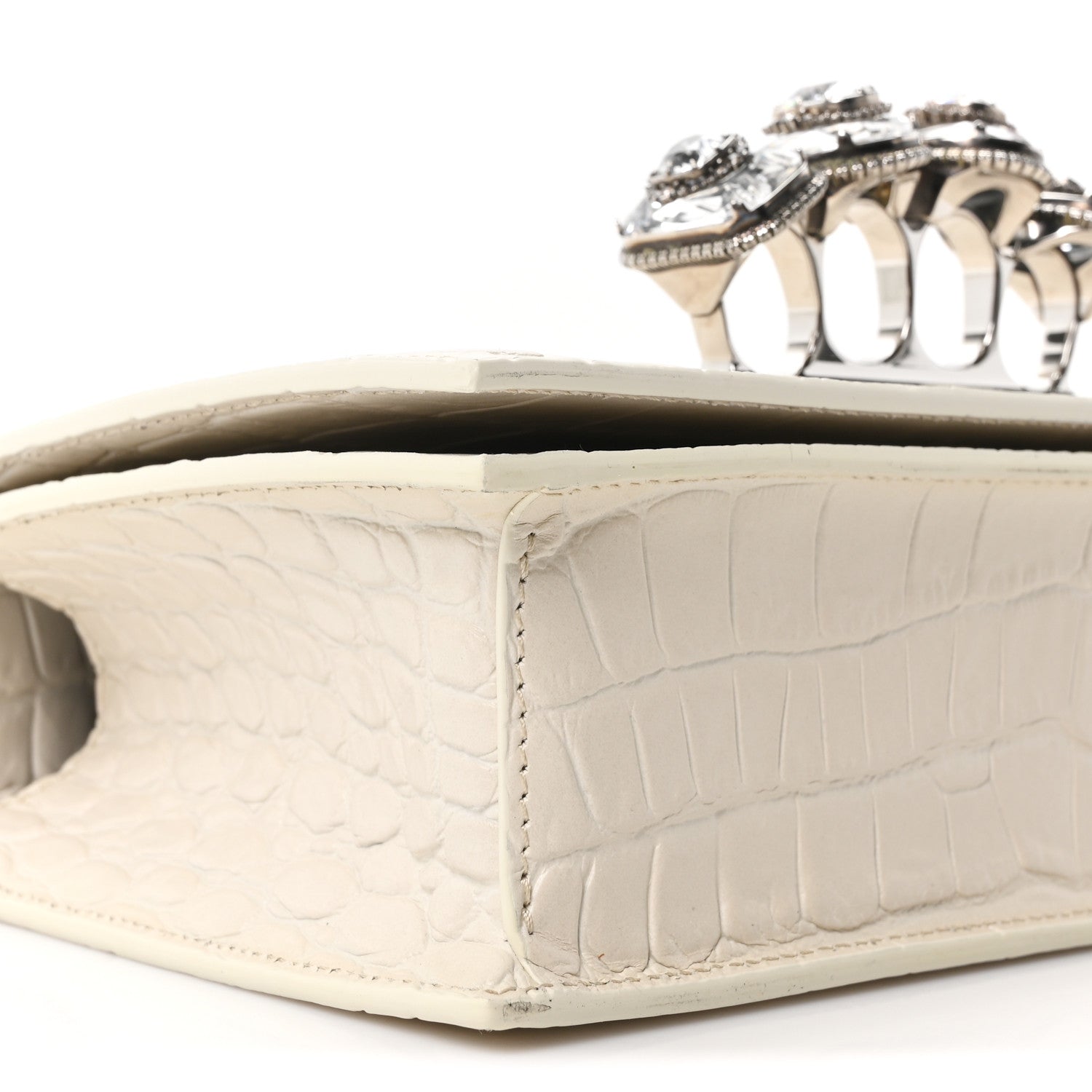 Shiny Calfskin Crocodile Embossed Knuckle Jeweled Crossbody White