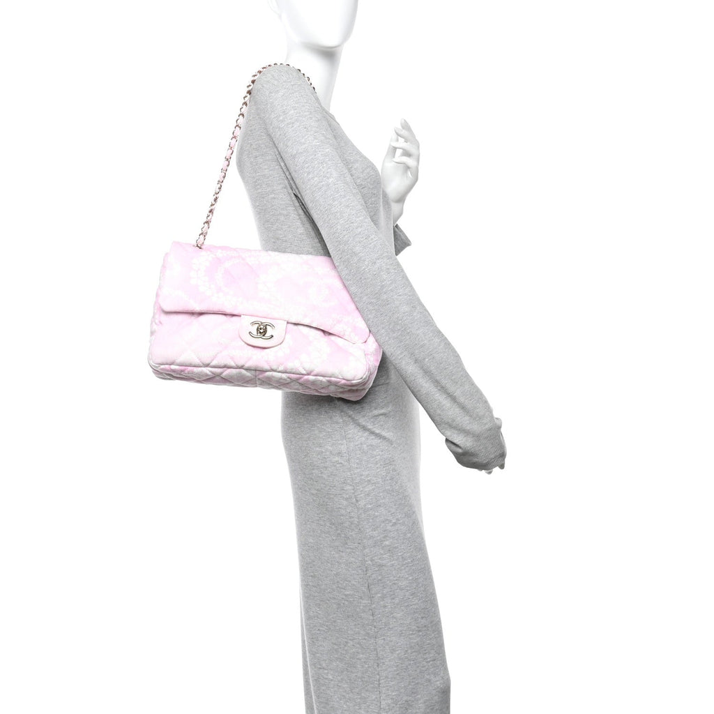 Printed Denim Quilted Medium Single Flap Bag Pink White Pink White