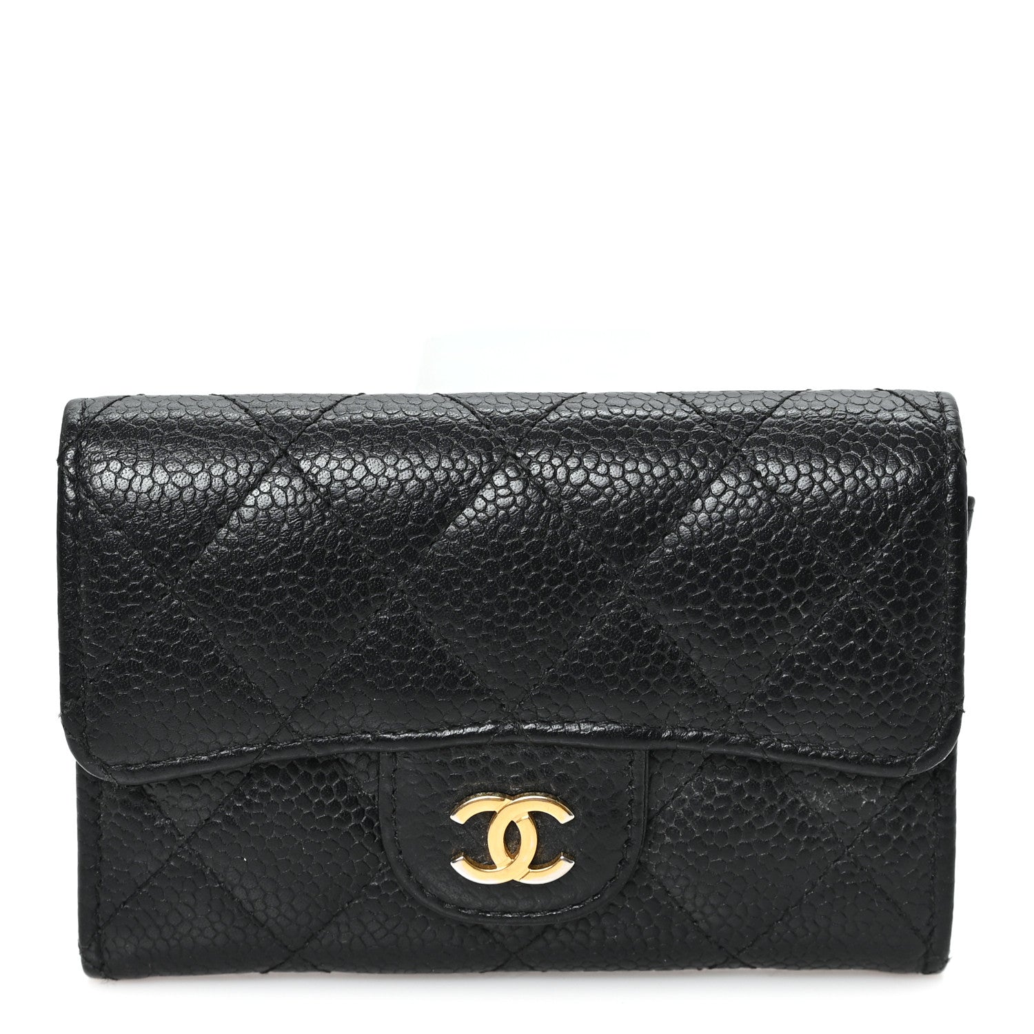 Caviar Quilted Flap Card Holder Wallet Black
