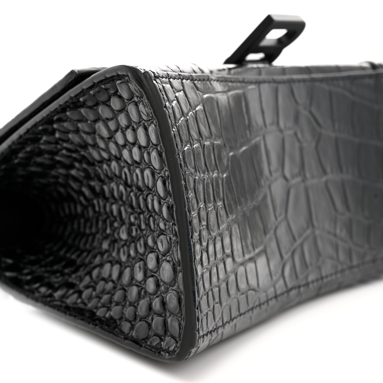 Shiny Calfskin Monochrome Crocodile Embossed Small Hourglass Top Handle Bag Black