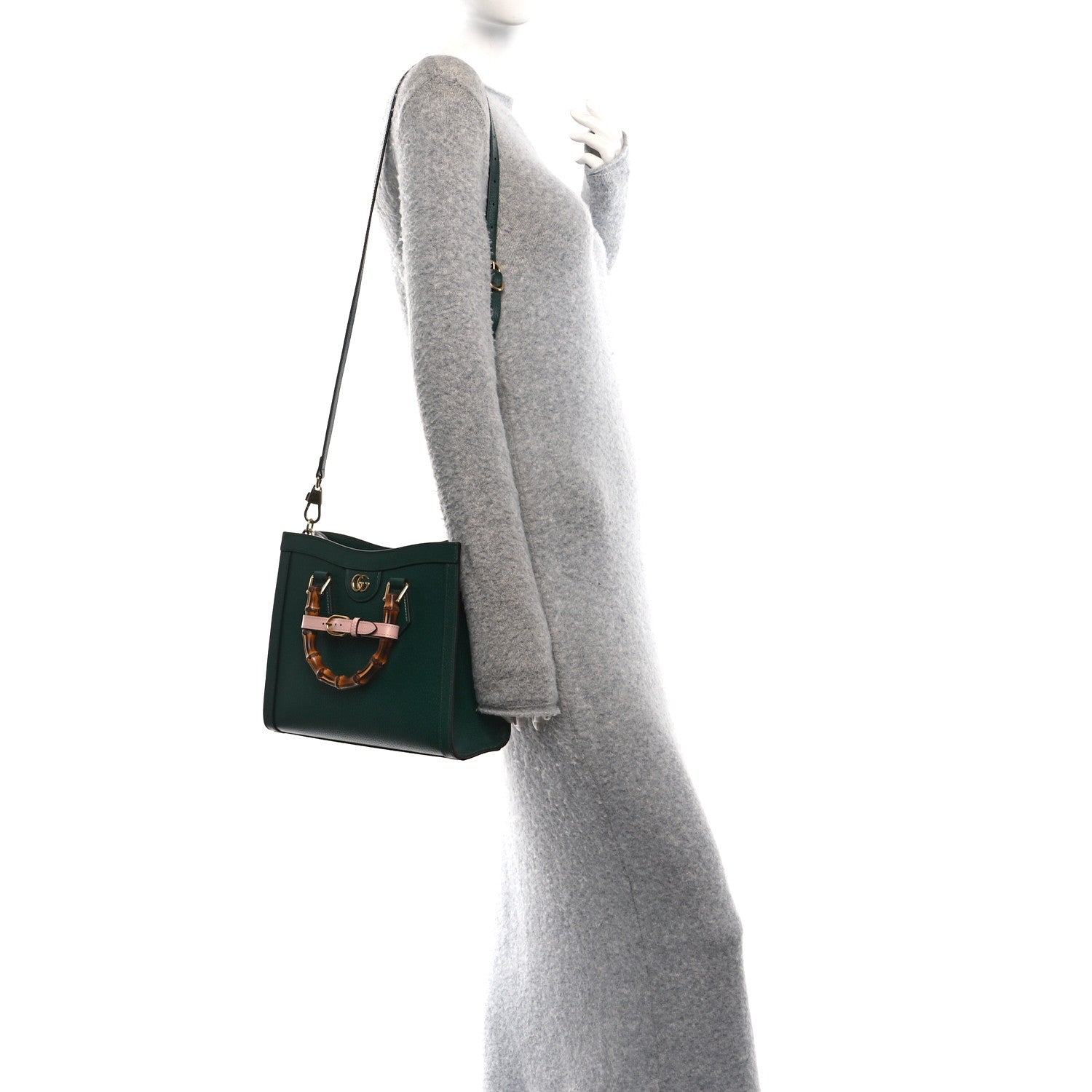 Textured Dollar Calfskin Web Diana Tote Bag Vintage Green Powder Pink