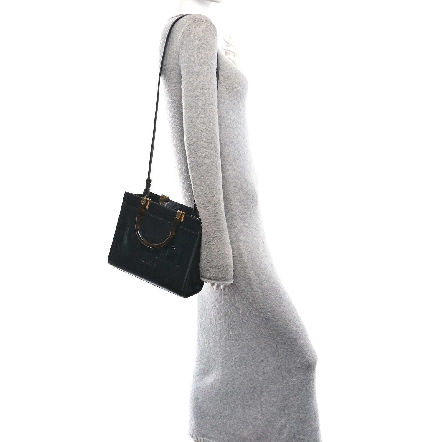 Vitello King Plexiglass Logo Embossed Small Fendi Sunshine Shopper Tote Black