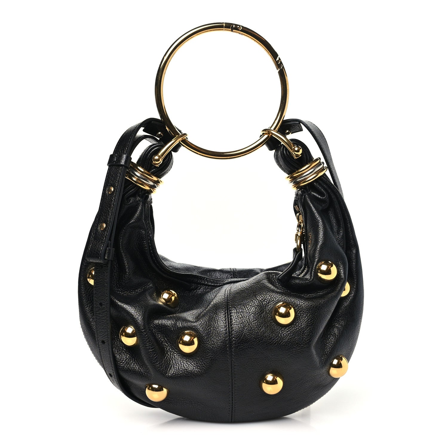 Calfskin Studded Small Bracelet Hobo Bag Black