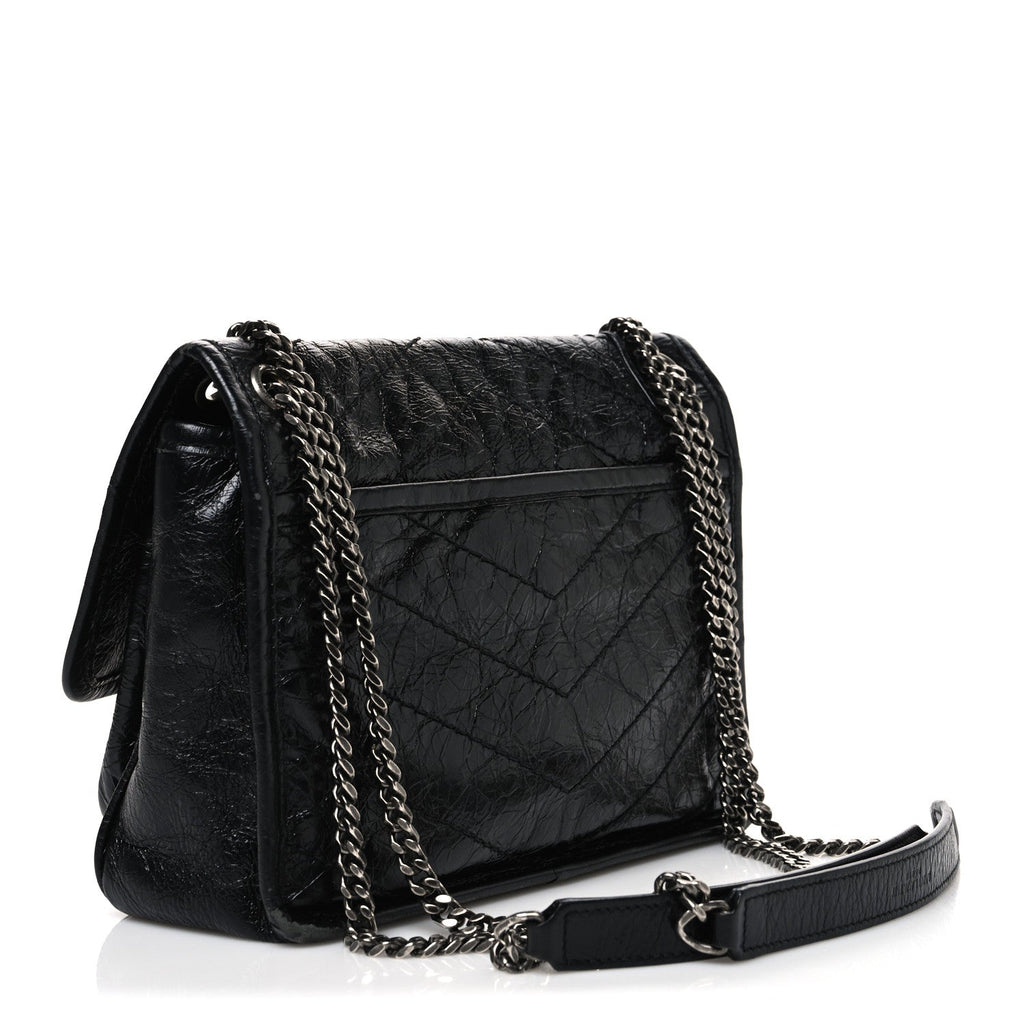 Crinkled Calfskin Matelasse Monogram Baby Niki Chain Satchel Black