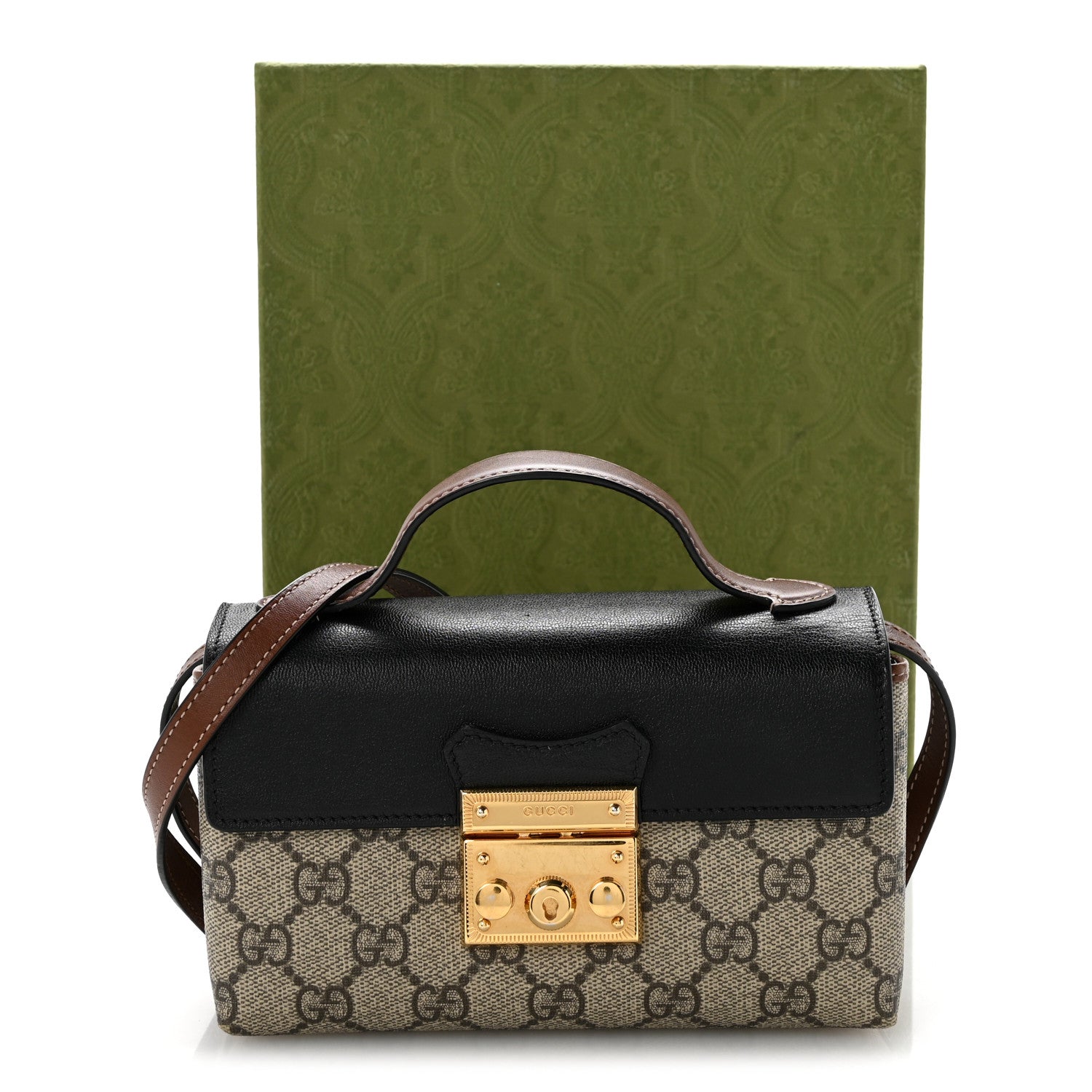GG Supreme Monogram Calfskin Mini Padlock Top Handle Shoulder Bag Beige Black Cuir