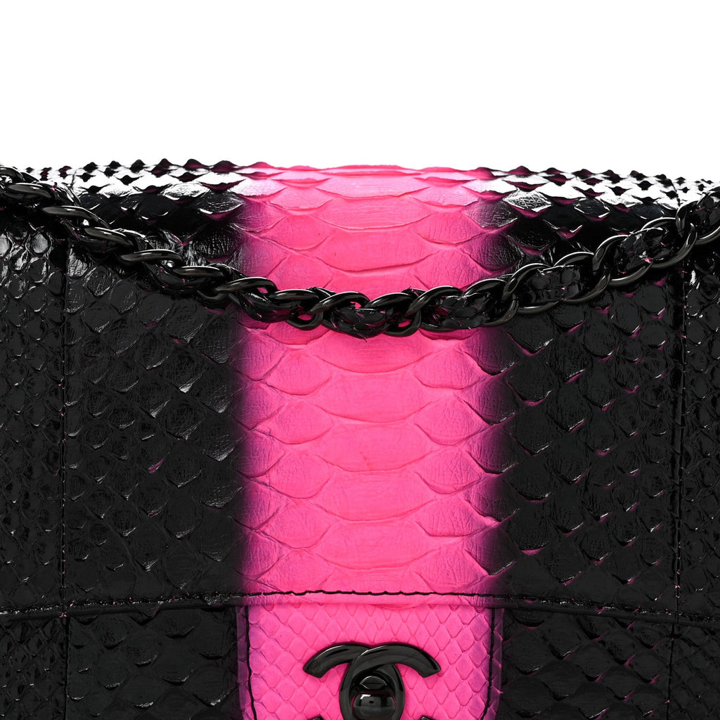 Snakeskin Medium Double Flap Black Pink