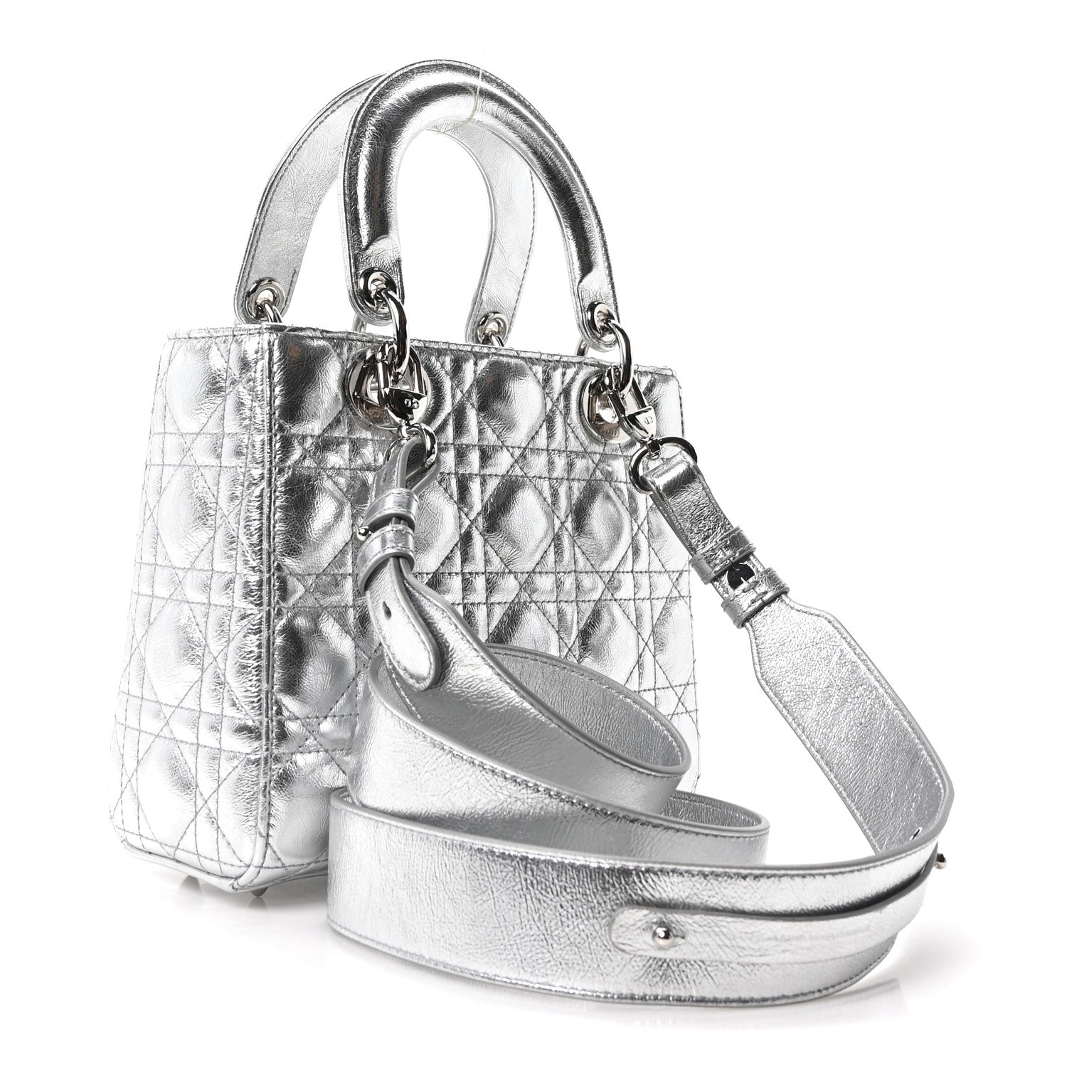 Metallic Grained Calfskin Cannage Small Lucky Badges My Lady Dior Silver