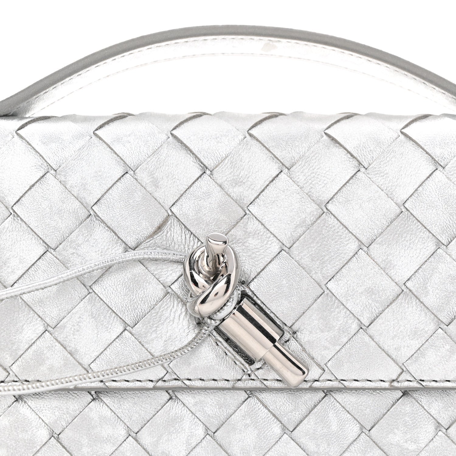 Metallic Lambskin Intrecciato Long Andiamo Top Handle Clutch Silver