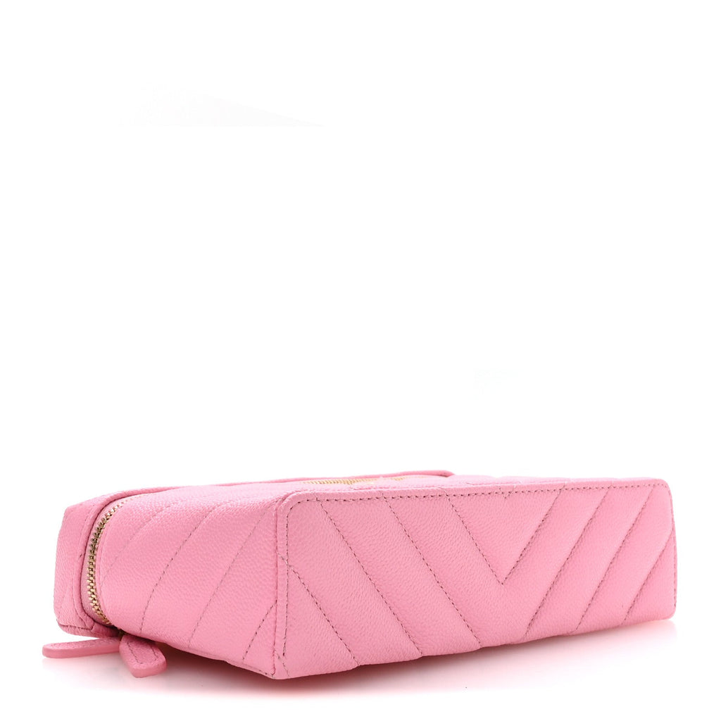 Shiny Caviar Chevron Quilted Top Handle Vanity With Chain Rose