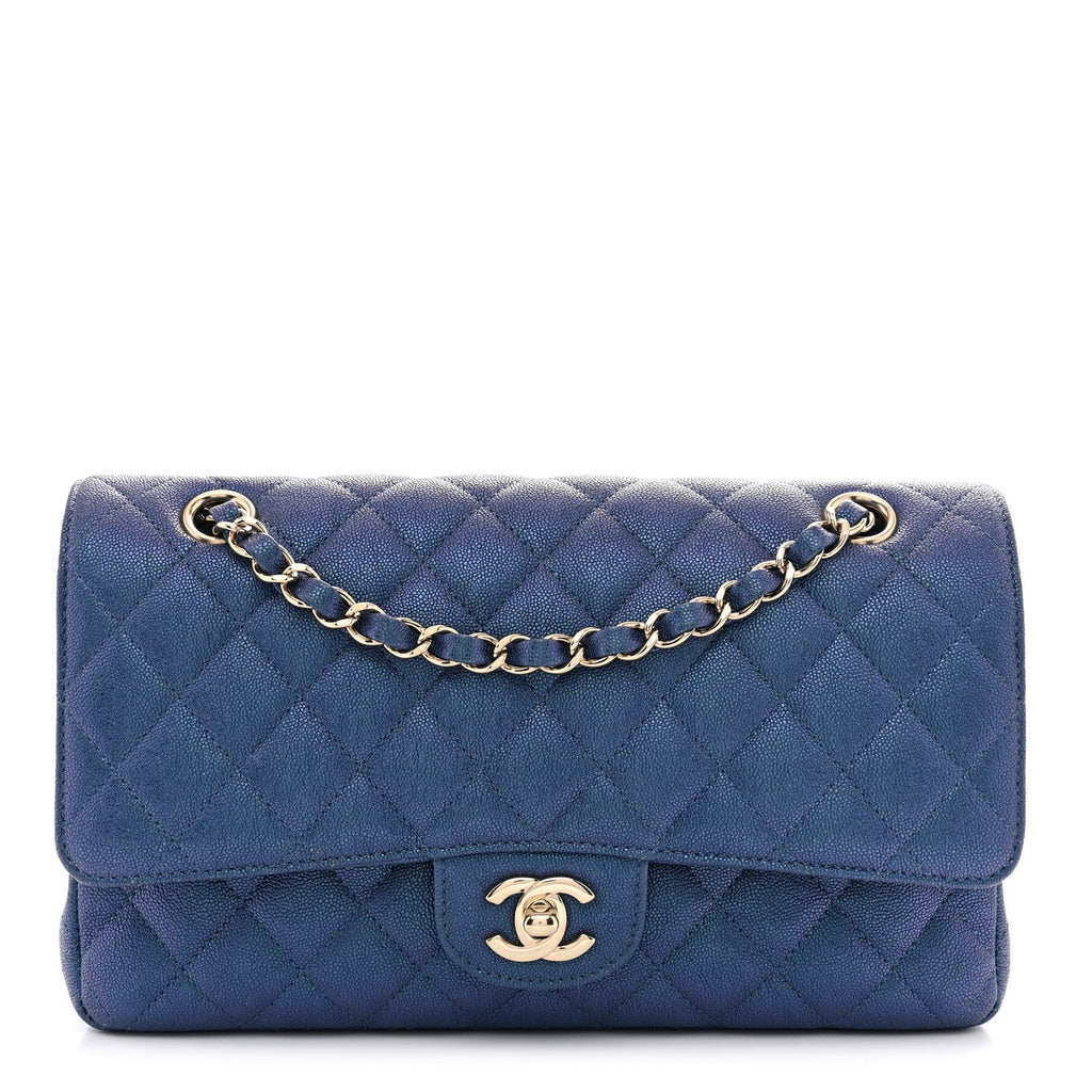 Iridescent Caviar Quilted Medium Double Flap Dark Blue
