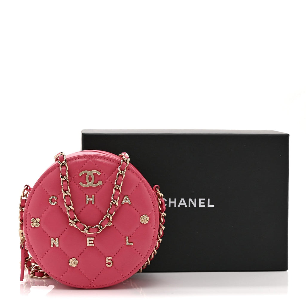 Lambskin Quilted Studded Round Clutch With Chain Dark Pink