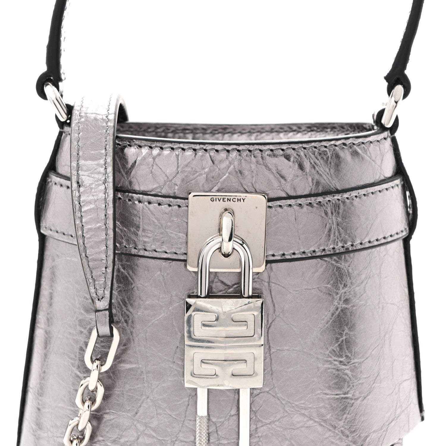 Laminated Lambskin Micro Shark Lock Bucket Bag Silvery Grey