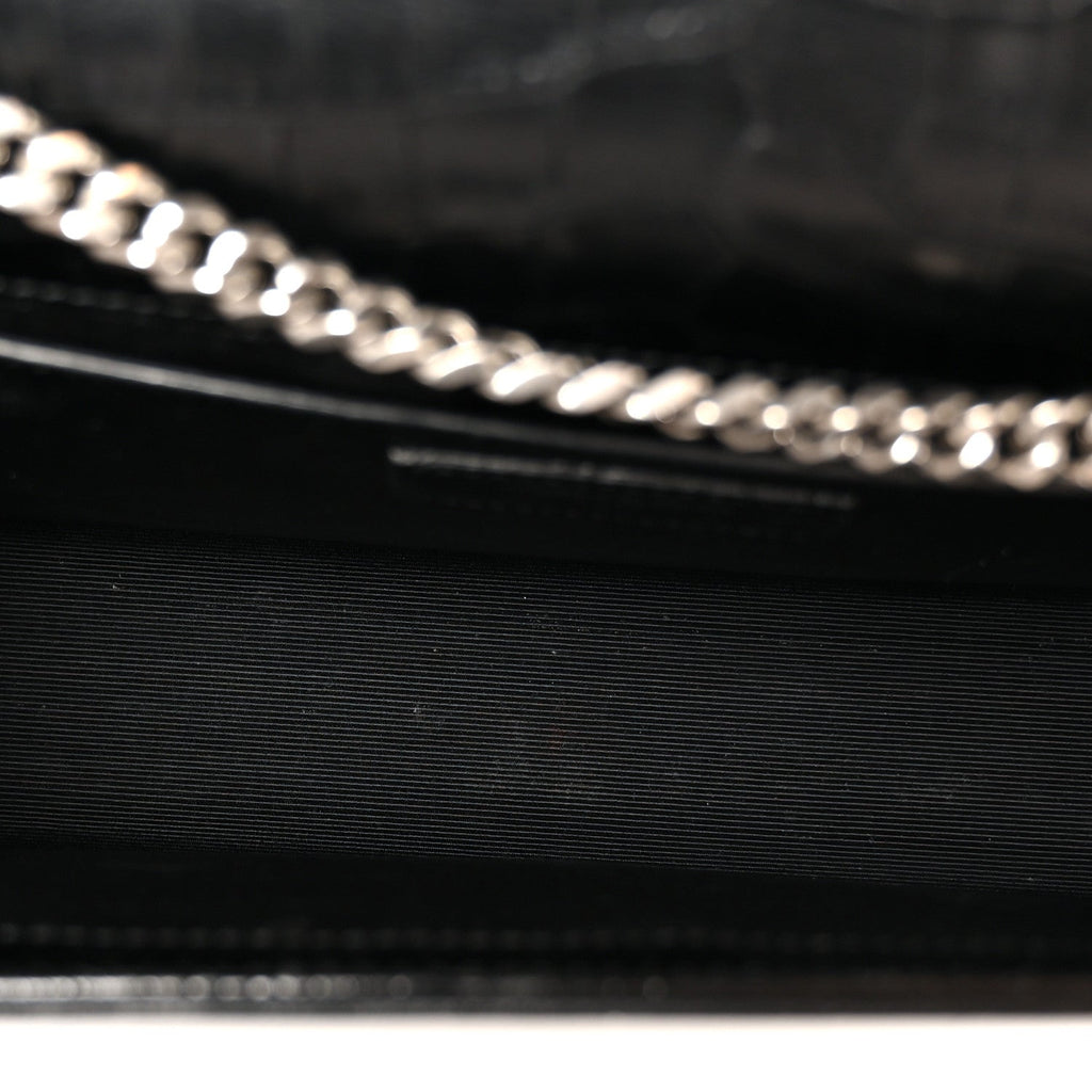Calfskin Crocodile Embossed Medium Classic Monogram Kate Tassel Satchel Black