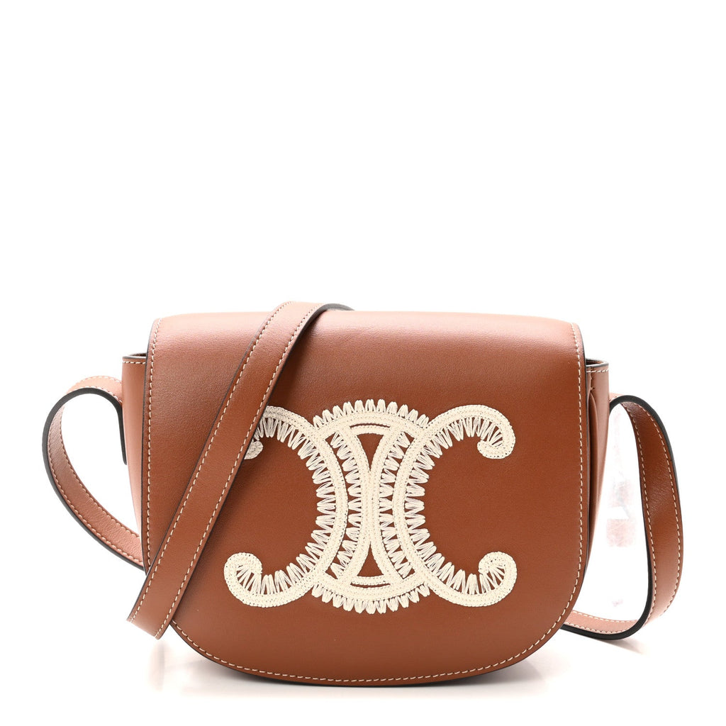 Smooth Calfskin Cuir Triomphe Embroidered Folco Crossbody Bag Tan