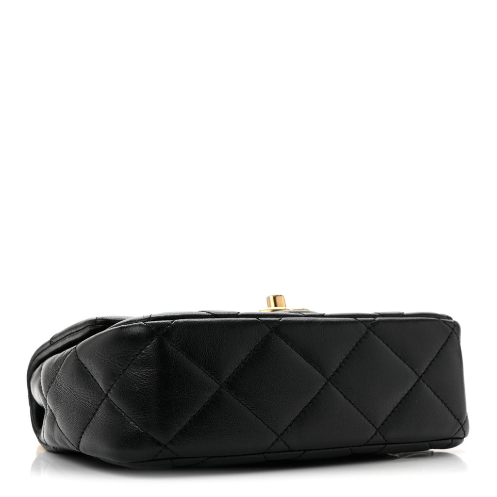 Shiny Lambskin Quilted Mini Sweetheart Flap Black