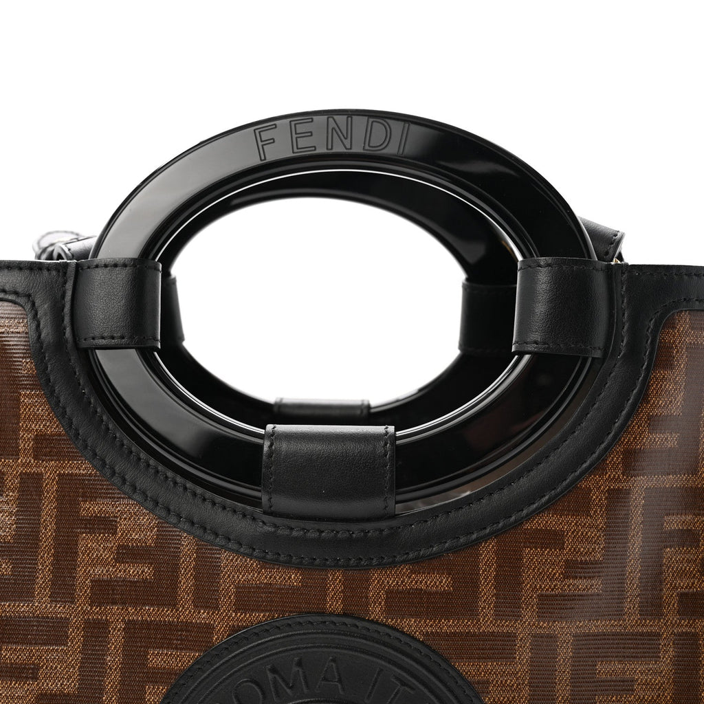 Glazed Fabric Vitello Century Plexiglass FF 1974 Stamp Patch Small Runaway Shopper Tote Mogano Panna Black