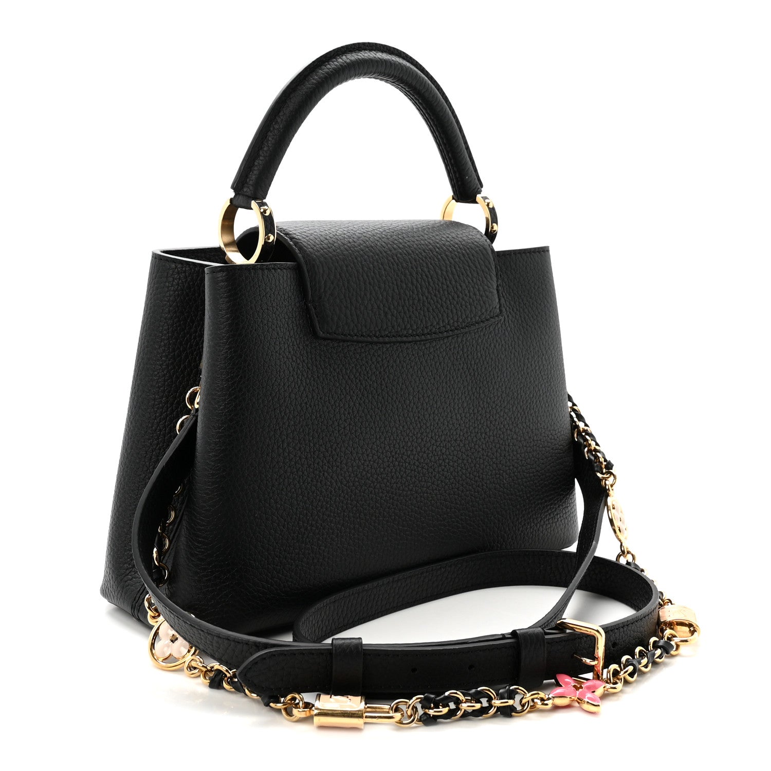 Taurillon Enamel Flower Padlock Chain Capucines BB Black