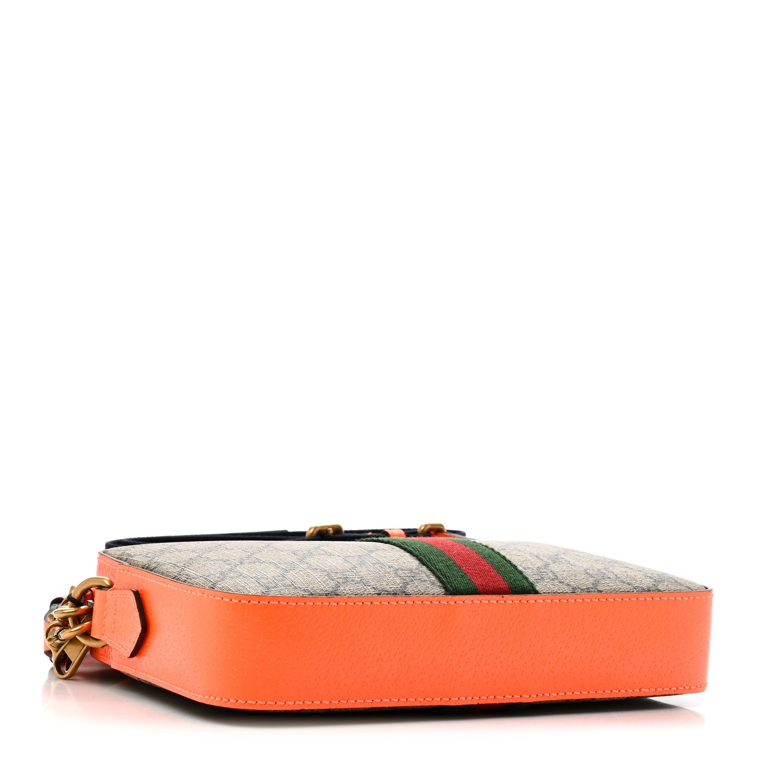 GG Supreme Monogram Textured Dollar Calfskin Web Ophidia Wristlet Shoulder Bag Beige Ebony Orange