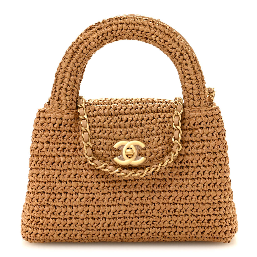 Braided Raffia Nano Kelly Flap Bag Dark Beige